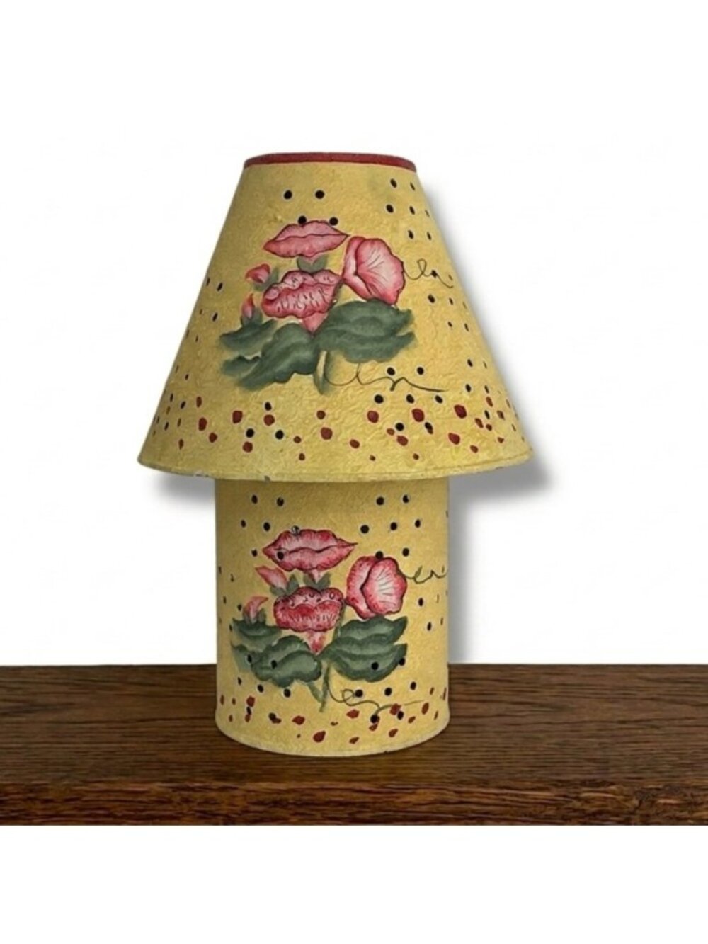 Vintage Hand Painted Galvanized Metal Jar Candle Lamp Yellow Floral 2000